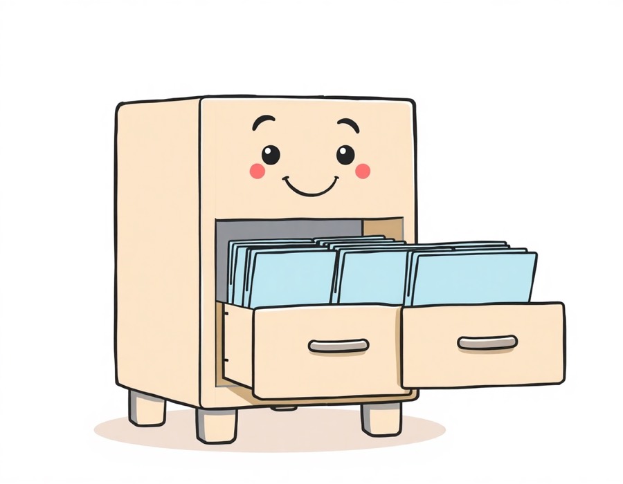 A cabinet with its drawers pulled open and empty folders inside