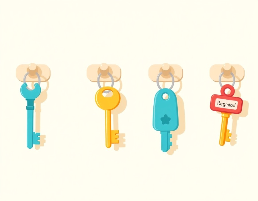 Four labelled keys hanging from hooks