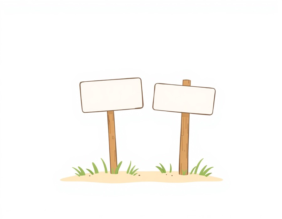 Two small signposts planted in the grass, pointing the same way