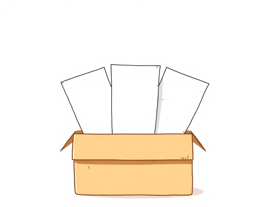 Five sheets of paper sliding into an open cardboard box
