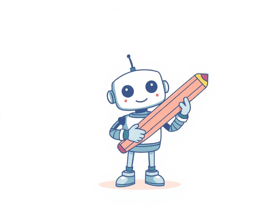 A small robot filling in a form with an oversized pencil