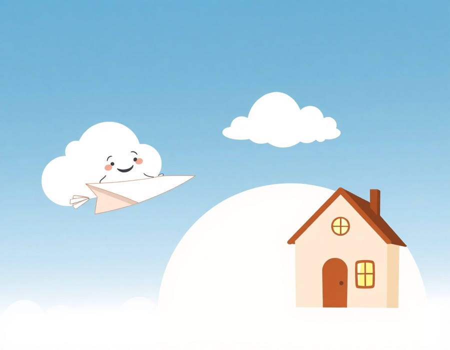 A paper plane carrying an envelope flies from a cloud towards a small lit house